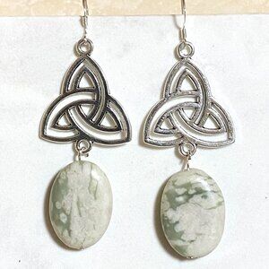 2/$20, Genuine Pale Green Flower Agate Triqueta Sterling Silver Dangle Earrings